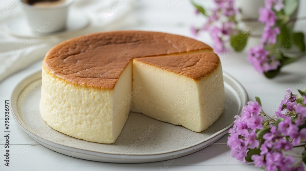 Whole soft basque cheesecake with a slice cut on a plate beside pink flowers