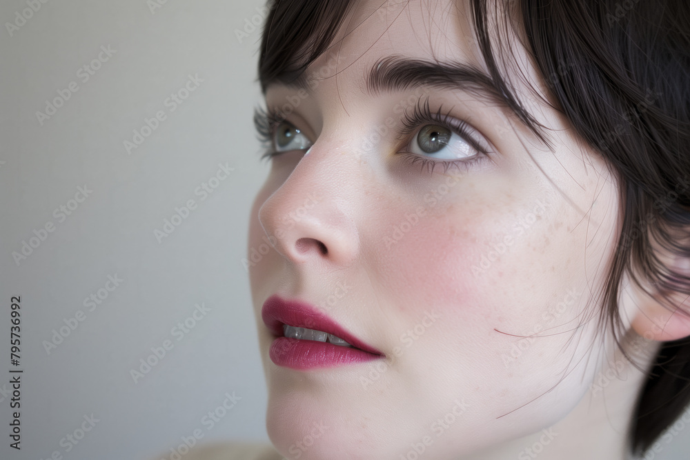 Close-up portrait of an attractive woman with dark hair and pale skin, rosy cheeks, red lips, looking off to the side Close-up portrait of an attractive woman with dark hair and pale skin, rosy cheeks, red lips, looking off to the side