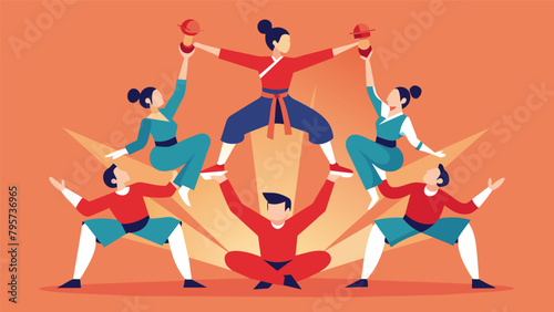 In a breathtaking performance of synchronization and harmony a team of martial artists performs a dramatic and acrobatic routine portraying a