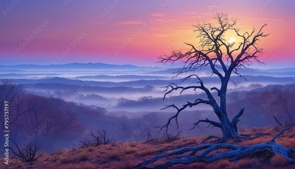 A tree with no leaves in a field, surrounded by fog, and set against a beautiful sunset.