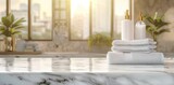 White marble bathroom tabletop with shampoo bottle, towels and copy space for montage your product display over blurred white elegance bathroom in background. AI generated illustration