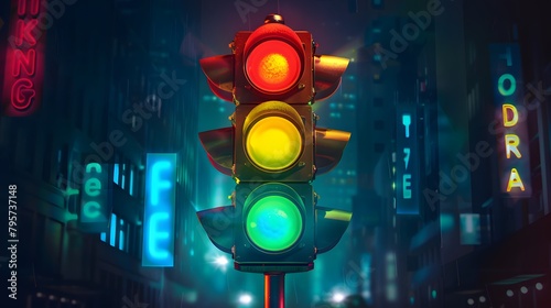 A glowing neon traffic light logo with vibrant red, yellow, and green lights, set against a dark urban backdrop. photo