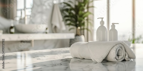 White marble bathroom tabletop with shampoo bottle, towels and copy space for montage your product display over blurred white elegance bathroom in background. AI generated illustration