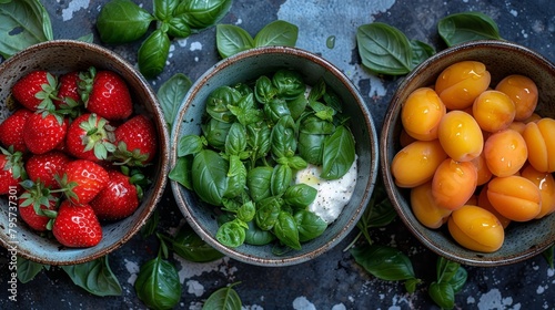  one filled with tomatoes, another with basil, and the third with mozzarella All contain their respective elements; tomatoes in the first, basil leaves photo