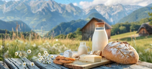 Tasty cottage cheese and other fresh dairy products on wooden table in mountains. Space for text. AI generated illustration