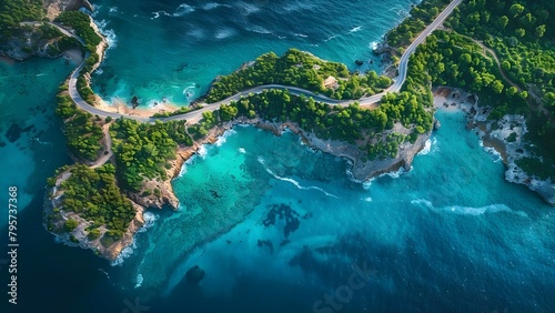 Aerial view of coastal road ideal for travel and transportation concepts. Concept Aerial Photography, Coastal Road, Travel Concepts, Transportation, Scenic Views