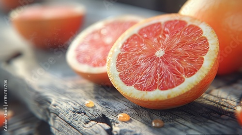  A close-up of a halved grapefruit on a weathered wood table against a backdrop of additional grapefruits