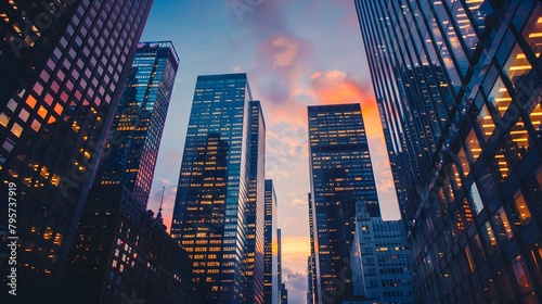 A high-definition cityscape at dusk with glowing office buildings  focusing on a skyscraper with a prominent bank logo.