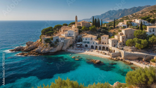 Mediterranean Marvel, A Vibrant Landscape with Azure Waters, Whitewashed Villages, and Sun-Kissed Olive Groves.