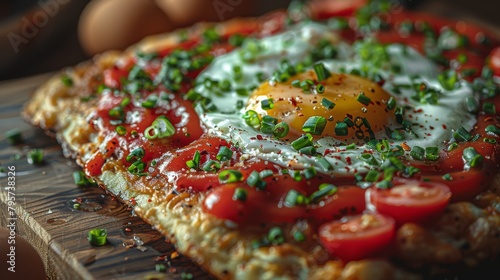  A tight shot of a pizza on a cutting board, topped with tomatoes, and an egg nestled in its center