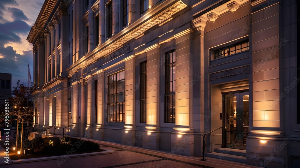 A high-definition image of a historic corporate building renovated with modern lighting, its classical architecture highlighted by contemporary urban lighting techniques.