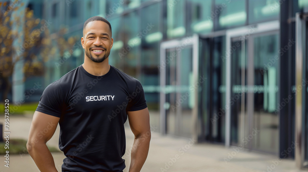 Portrait of a handsome young African American security man wearing a black t-shirt standing in front of corporate company glass building. Outdoors or outside business safety job on the street