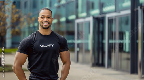 Portrait of a handsome young African American security man wearing a black t-shirt standing in front of corporate company glass building. Outdoors or outside business safety job on the street