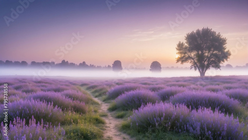 Misty Morning Meadow  Landscape with Fog in Shades of Lavender  Creating a Dreamy Atmosphere.