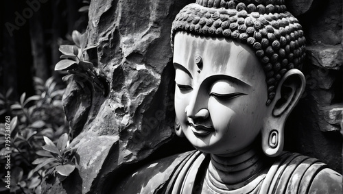 Monochrome Portrait of a Weathered Buddha Statue, Emanating Wisdom and Serenity.