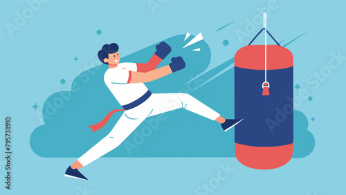 A person practicing striking techniques on a heavy bag accompanied by the words Using Martial Arts to Release Negative Emotions and Build