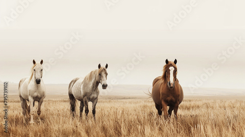 two white and one brown horse in the field, end of summer and beginning of the autumn