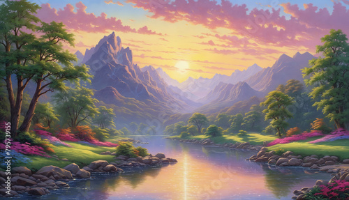 A scenic view of a mountain river with a sunset in the background. The river is surrounded by trees and flowers  creating a beautiful and peaceful landscape.