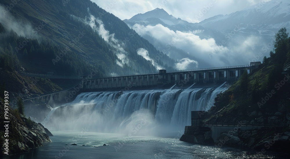Massive dam with water gushing, surrounded by misty mountains. Massive dam with water gushing, surrounded by misty mountains.