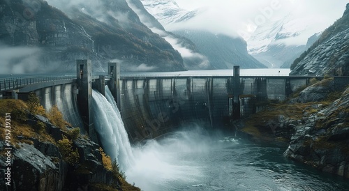 Massive dam with water gushing  surrounded by misty mountains.