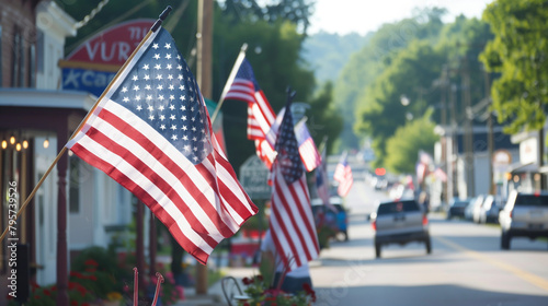Residents of a small rural town waving flags during a community event, showcasing their patriotism in a quaint village setting. , natural light, soft shadows, with copy space