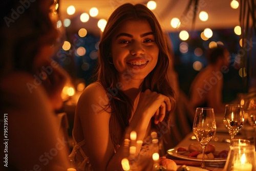 portrait of beautiful woman enjoying dinner in cafe with sparkling lights and candles, beautiful and romantic