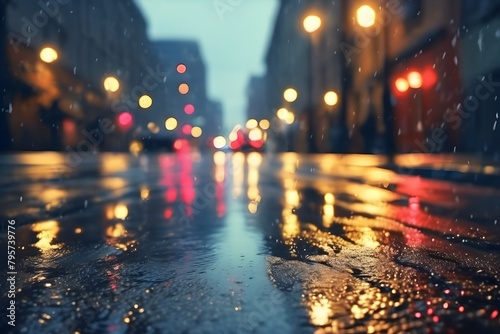 City lights gleam in the rain-soaked night, casting reflections in puddles with a blurred backdrop of buildings. photo
