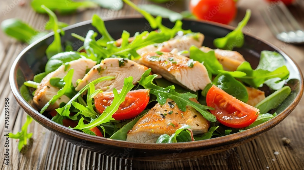 Delicious fresh salad made with chicken, ripe tomatoes, and a mix of greens like arugula and mesclun, presented on a wooden background.
Delicious fresh salad made with chicken, ripe tomatoes, and a mix of greens like arugula and mesclun, presented on a wooden background.