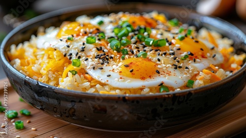   A tight shot of a wooden cutting board bearing a bowl filled with rice and an arrangement of eggs atop it photo