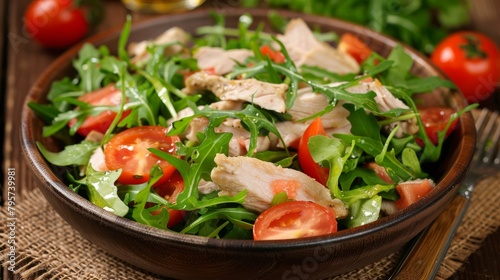 Delicious fresh salad made with chicken, ripe tomatoes, and a mix of greens like arugula and mesclun, presented on a wooden background.
