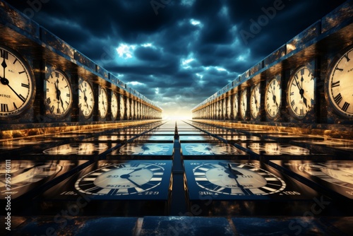 A surreal image of a long hallway with retro clocks showing different times, creating a sense of time distortion and mystery under a dark blue sky photo