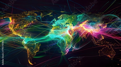 A high-resolution digital map showing a network of vibrant, colored shipping routes connecting major ports across Asia, Europe, and the US photo