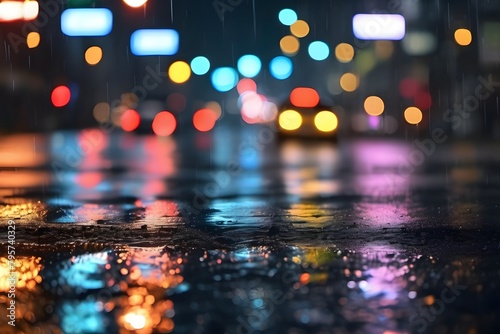 City lights gleam in the rain-soaked night, casting reflections in puddles with a blurred backdrop of buildings.