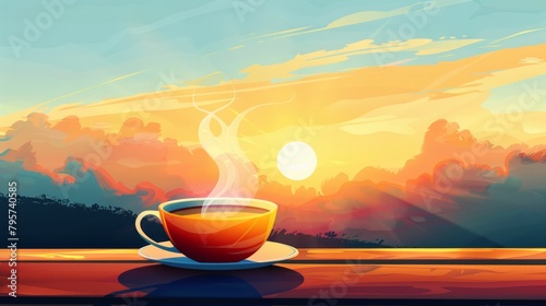 A cup of tea with steam beautifully forming a landscape with a sunrise, creating a serene morning scene