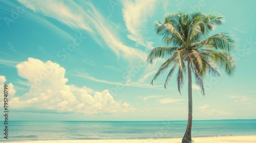 A tropical beach scene with a palm tree set against a backdrop of blue sky and fluffy white clouds, offering a dreamy vacation vibe