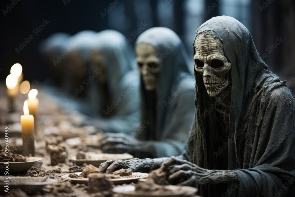 Spooky image of ghosts at a dinner table. Ghosts in black robes with skeletal faces, illuminated by candlelight. Dark and eerie atmosphere, perfect for Halloween-themed projects Spooky image of ghosts at a dinner table. Ghosts in black robes with skeletal faces, illuminated by candlelight. Dark and eerie atmosphere, perfect for Halloween-themed projects