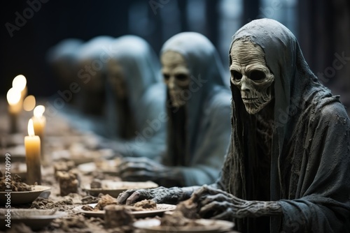 Spooky image of ghosts at a dinner table. Ghosts in black robes with skeletal faces, illuminated by candlelight. Dark and eerie atmosphere, perfect for Halloween-themed projects photo