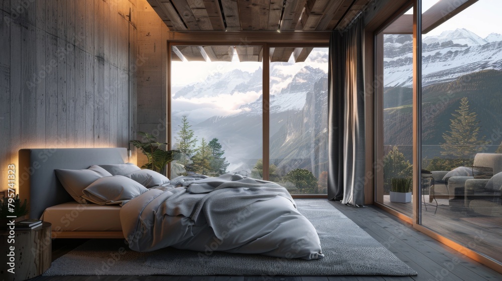3d rendering of a modern bedroom in a loft with a beautiful mountain view. 3d rendering of a modern bedroom in a loft with a beautiful mountain view.