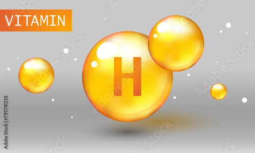 Vitamin gold shining pill capsule icon. Vitamin H capsule. Vector icon for health. Gold shining pill. Biotin. Shining golden substance drop. Meds for heath ads. Vitamin H
