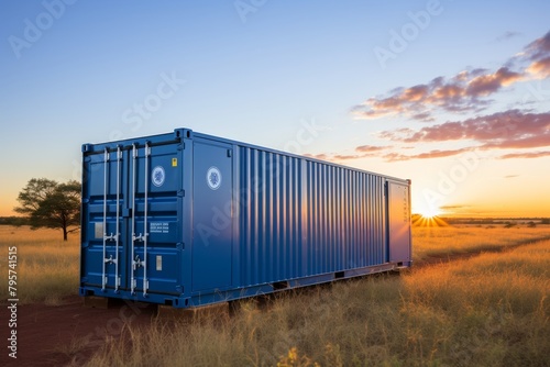 A blue shipping container on a field at sunset. The sky is blue and orange with the sunset. A simple rectangular structure with a door and window, no other buildings photo