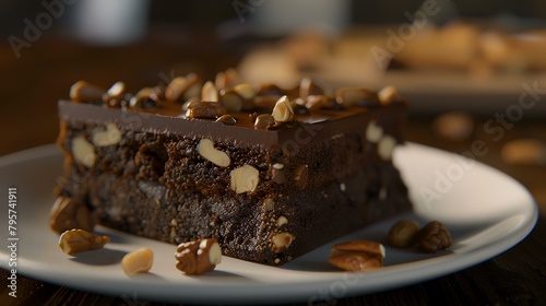 Chocolate brownie with pecans and nuts on a black background