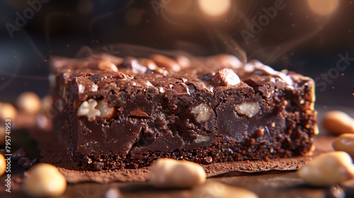 Chocolate brownie with pecans and nuts on a black background photo