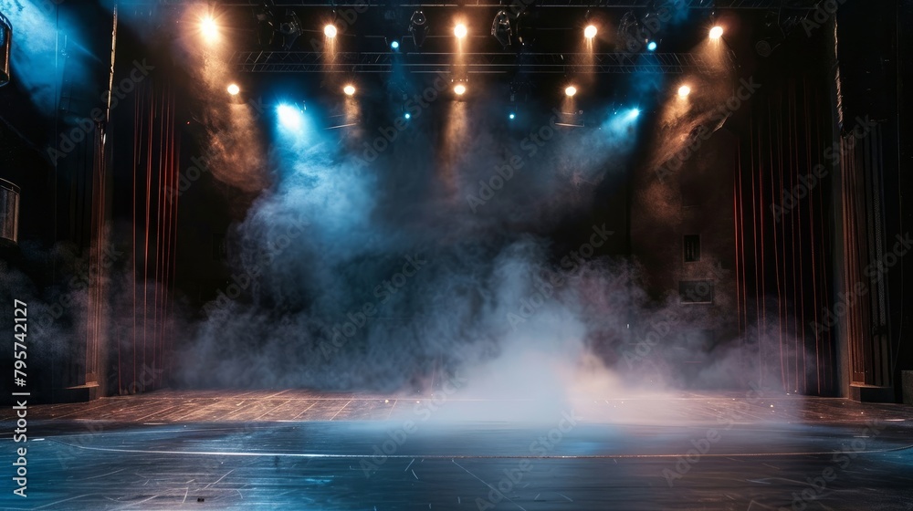 Fototapeta premium An empty theater stage dramatically lit by spotlights with atmospheric smoke, setting the stage for a captivating performance