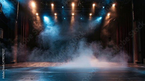 An empty theater stage dramatically lit by spotlights with atmospheric smoke, setting the stage for a captivating performance © Chingiz