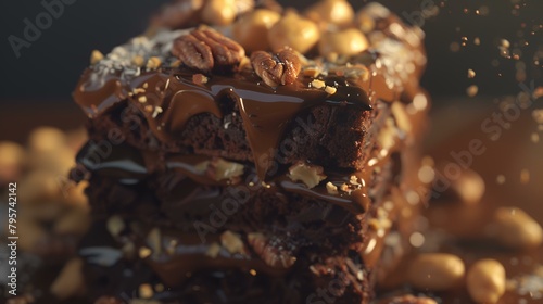 Piece of chocolate cake with nuts on wooden board, closeup
