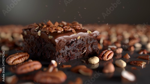 Piece of chocolate cake with nuts on wooden board  closeup