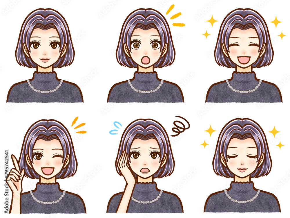 お洒落な黒髪ボブヘア大人女性のイラスト素材セット お洒落な黒髪ボブヘア大人女性のイラスト素材セット
