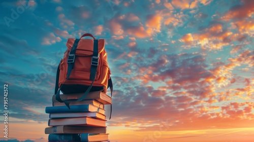 A dynamic back to school image showing a backpack standing on a tower of books