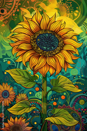 vertical image of psychedelic style sunflower