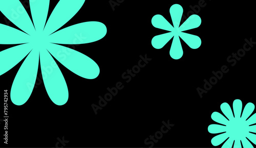 An abstract arrangement of cyan floral shapes blooms against a stark black background, conveying a playful yet modern graphic design element.